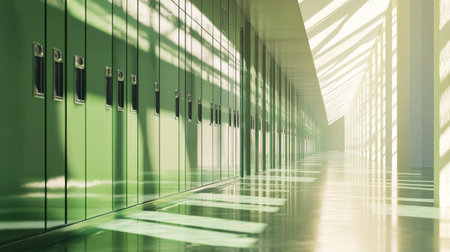 A serene school corridor featuring green lockers illuminated by natural light, creating dynamic shadows on a polished floor. The modern design promotes a welcoming learning environment.の素材