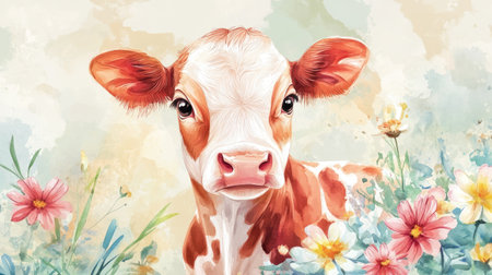 This charming illustration features a young calf surrounded by lovely flowers, creating a tranquil and beautiful scene that encapsulates the essence of rural life and nature's beauty.の素材