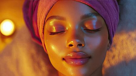 A peaceful portrait of a woman experiencing relaxation with glowing skin and a warm headwrap, perfect for spa and wellness themes in photography.の素材