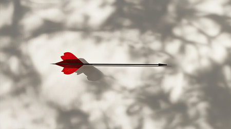 This image showcases a striking red arrow with feather fletching casting intricate shadows. The neutral background emphasizes the themes of love and passion, ideal for various creative projects.の素材