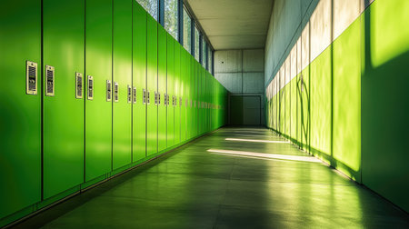 A sleek modern hallway lined with bright green lockers, illuminated by natural light, creates a vibrant and inviting space perfect for educational or recreational environments.の素材