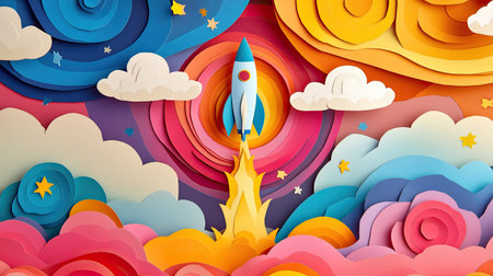 A delightful paper art illustration featuring a rocket soaring into a whimsical sky filled with colorful clouds and stars, embodying creativity and imagination.の素材
