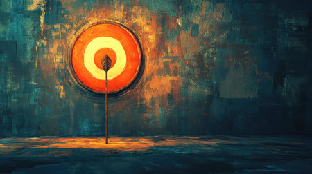 This striking visual captures an arrow lodged in the center of a target, representing focus and determination. The vivid colors and abstract design convey a sense of achievement and motivation.の素材