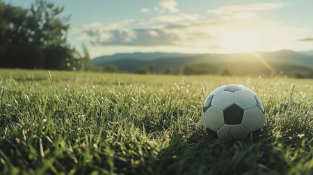A serene scene featuring a soccer ball resting on vibrant green grass under a golden sunset. This image captures the essence of outdoor sports and tranquility in nature.の素材