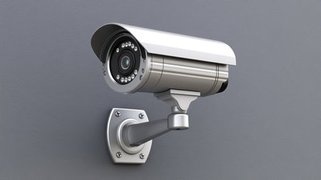 Sleek and modern security camera affixed to a wall, designed for effective surveillance. Perfect for enhancing safety in various environments with high-definition recording capabilities.の素材
