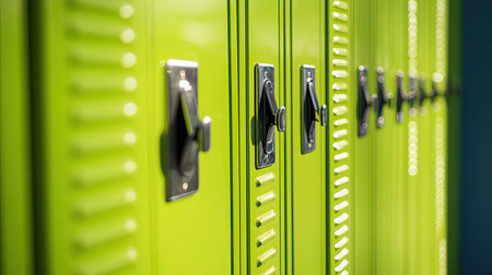 A vibrant collection of green lockers lined up in a school setting, showcasing modern design and a fresh aesthetic. Ideal for educational environments and student spaces.の素材
