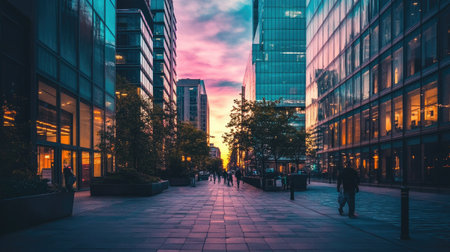 A stunning cityscape at dusk featuring a vibrant sky and modern glass buildings. People stroll along a serene walkway, creating a lively and inviting urban atmosphere.の素材