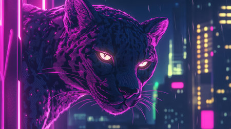 A striking illustration of a purple leopard set against a neon-lit cyberpunk city, showcasing the blend of wildlife and modern urban aesthetics in a vibrant, rainy atmosphere.の素材