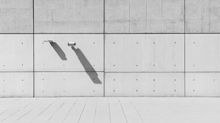A striking minimalist image displaying two surveillance cameras on a textured concrete wall, casting long shadows that emphasize the geometry and simplicity of the design.の素材
