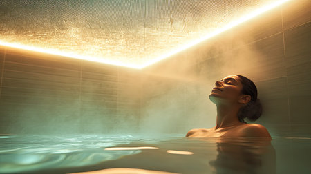 A tranquil scene of a woman enjoying a spa experience, surrounded by mist and soft lighting, highlighting a moment of relaxation and self-care in a serene environment.の素材