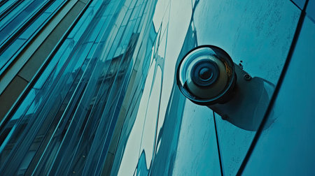 A close-up view of a CCTV camera mounted on a sleek building facade, capturing reflections of urban architecture and soft evening light in a contemporary city setting.の素材