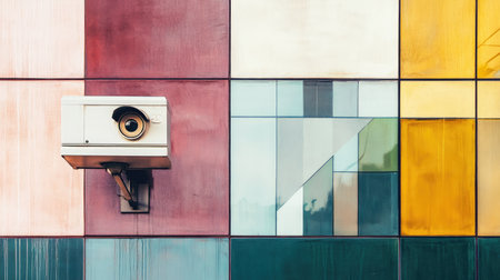 A striking composition featuring an eye-like detail set against a vibrant geometric wall, evoking themes of surveillance and perception in modern architecture.の素材