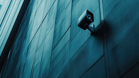 A striking image showcasing a security camera mounted on a sleek urban building wall, illustrating modern surveillance technology against a cool-toned backdrop.の素材
