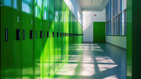 A vibrant and modern hallway featuring bright green lockers, illuminated by natural light, creating a fresh and inviting educational atmosphere with minimalistic design.の素材