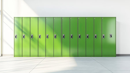 A row of bright green lockers in a modern school hallway, illuminated by sunlight, creating a vibrant and inviting atmosphere perfect for student use and organization.の素材