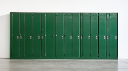 A row of tall green lockers against a plain background, ideal for educational settings or storage solutions, emphasizing a clean and modern look for various uses.の素材