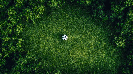 This captivating aerial image showcases a lone soccer ball resting on a vibrant green field, framed by a ring of dense trees, offering a serene and inviting atmosphere for outdoor play.の素材