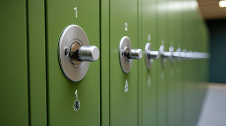 This image showcases a series of green lockers featuring numbered knobs, ideal for secure storage in modern facilities, promoting organization and safety in shared spaces.の素材