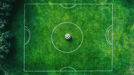 A stunning aerial perspective of a vibrant green soccer field featuring a single football at the center, perfect for themes around sports, competition, and outdoor activities.の素材