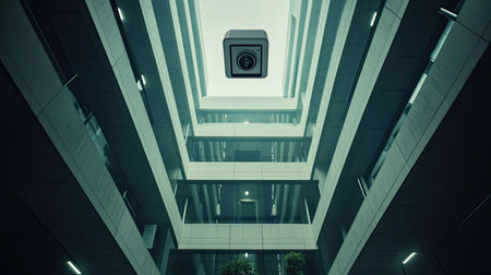 A striking view of a contemporary urban courtyard highlighting a sleek camera installation, showcasing modern architecture with minimalistic lines and geometric designs.の素材