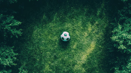 A serene aerial view showcasing a traditional soccer ball placed on vibrant green grass, surrounded by lush trees, ideal for sports and nature visuals.の素材