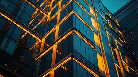This image captures a striking modern building featuring a glass facade illuminated with vibrant orange lighting, set against a deep blue evening sky in an urban landscape.の素材
