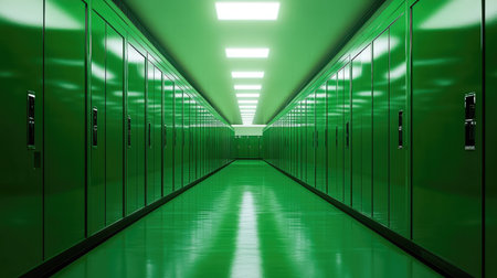 This striking image features a long, green hallway lined with lockers, illuminated by bright ceiling lights, creating a modern, peaceful atmosphere ideal for educational settings.の素材