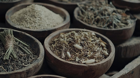 A vibrant display of assorted herbs and spices in rustic wooden bowls, capturing the essence of natural ingredients and culinary creativity. Perfect for wellness, cooking, and organic themes.の素材