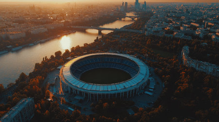 Captivating aerial view of a stadium nestled in an urban landscape during sunset. The golden hour light illuminates the cityscape, creating a serene yet vibrant atmosphere.の素材