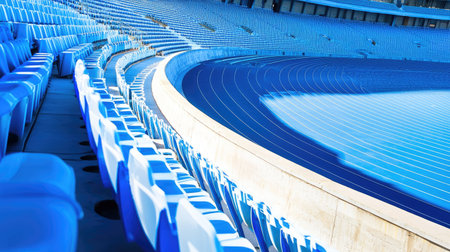 This image captures a modern stadium featuring blue seating and a running track under a clear sky. The vibrant colors and design emphasize an empty and inviting space for sports events.の素材