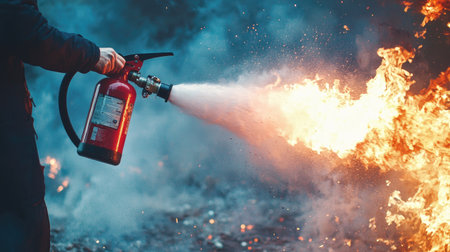 A brave firefighter uses a fire extinguisher to combat a blaze, showcasing action and urgency in emergency situations. This scene emphasizes the importance of fire safety and preparedness.の素材