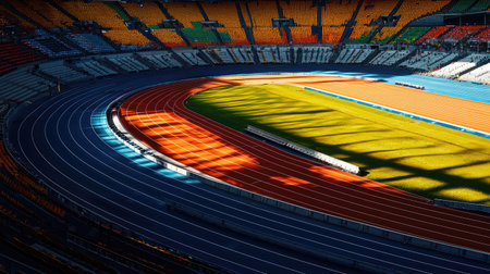 A captivating view of a stadium track bathed in morning light, showcasing vibrant colors and intricate shadow patterns. The empty space evokes anticipation for upcoming events.の素材