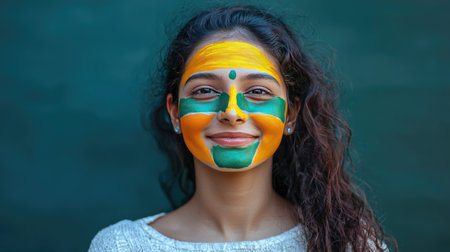 A cheerful young woman showcases vibrant face paint in green and yellow. Her joyful expression and artistic design highlight cultural celebration and creativity.の素材
