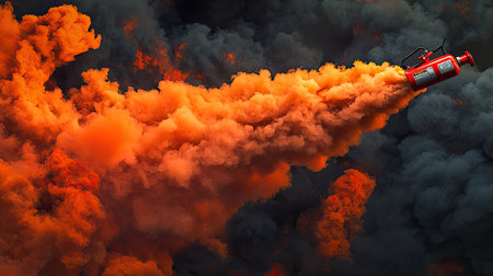 A striking image captures a fire extinguisher releasing a vibrant cloud of orange smoke, symbolizing fire safety and emergency response.の素材