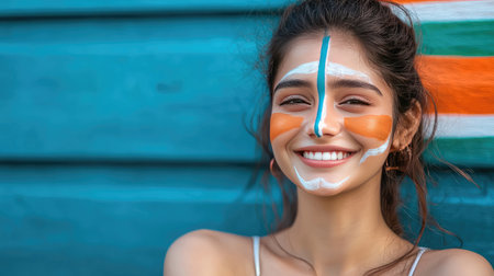 A joyful young woman showcases her colorful face paint against a blue background. Her bright smile and artistic expression reflect cultural pride and creativity.の素材