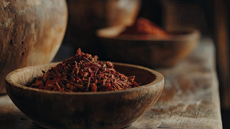 Discover a captivating scene featuring aromatic spices in rustic wooden bowls. This image evokes warmth, tradition, and the essence of culinary craftsmanship.の素材