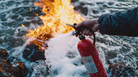 A person uses a fire extinguisher to control flames lapping at shoreline rocks. This scene highlights emergency response amid nature's beauty during sunset.の素材