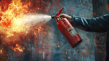 A dynamic scene shows a hand operating a fire extinguisher, spraying fluid onto flames. This visual captures the urgency and importance of fire safety measures in emergencies.の素材