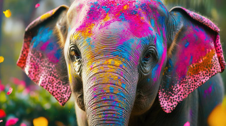 A stunning close-up of a colorful elephant adorned with vibrant Holi powder, celebrating joy and beauty of nature. Captured in an outdoor setting, this image showcases the festive spirit and playful essence of wildlife.の素材