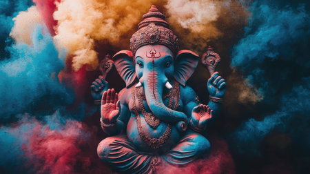 A stunning Ganesha statue elegantly displayed amidst dramatic colorful smoke. This artwork captures the essence of spirituality, culture, and divine blessings in Indian traditions.の素材