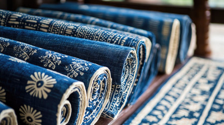 This close-up image features elegantly rolled blue fabric with intricate designs. The textures and colors create a beautiful artistic display, perfect for home decor.の素材