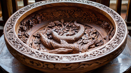 Explore a beautifully crafted wooden bowl featuring intricate carvings of flowers and creatures, showcasing the elegance of artisan craftsmanship and timeless design.の素材