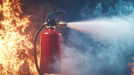 A red fire extinguisher sprays water in a cloudy environment filled with smoke and flames. The image captures the urgency of fire safety and emergency response.の素材