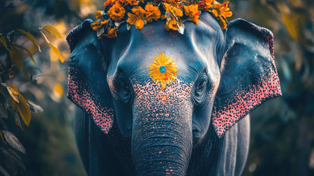A stunning portrait of an elephant adorned with colorful flowers. The elephant's vibrant appearance against a serene background captures the beauty of wildlife and nature.の素材