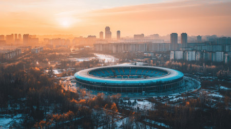 Stunning aerial view captures a stadium at sunrise with a vibrant city skyline in the background, showcasing urban beauty and serene winter scenery.の素材