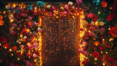 A stunning floral wall adorned with vibrant flowers and twinkling lights, creating a magical atmosphere perfect for celebrations or romantic events.の素材