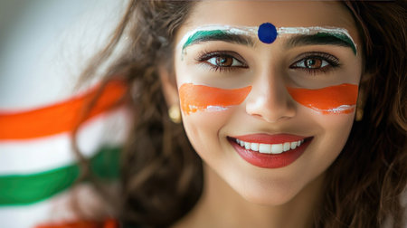 A young woman showcases her pride with vibrant face paint featuring national colors. Her joyful smile and expressive eyes capture the spirit of celebration and cultural identity.の素材
