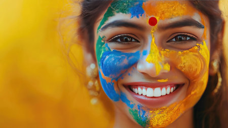 A joyful woman displays a vibrant smile while her face is adorned with colorful paint, representing cultural celebration and artistic expression in a bright atmosphere.の素材
