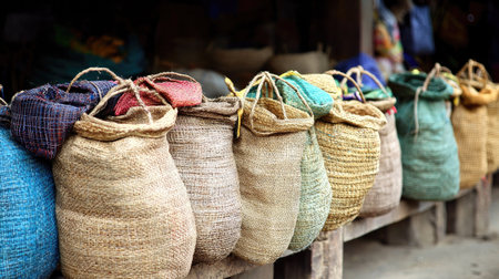 A collection of colorful handcrafted bags displayed on a wooden shelf at a local market, showcasing vibrant designs and traditional weaving techniques.の素材
