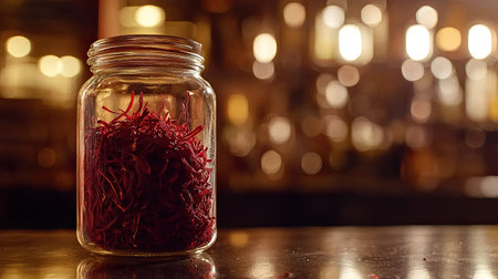 A glass jar filled with vibrant saffron threads sits elegantly against a blurred, warm-lit background. This image captures the essence of culinary art and gourmet cooking.の素材